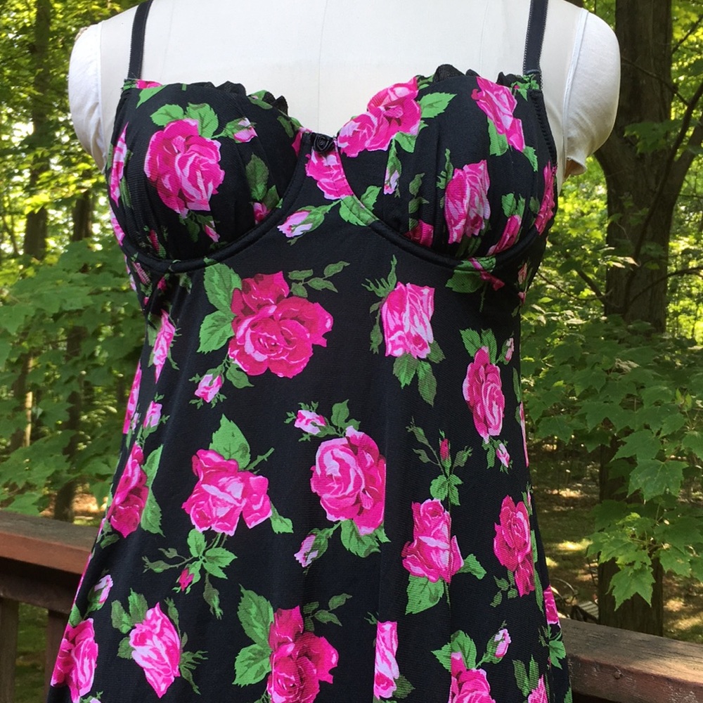 Fuchsia Rose Garden Black Slip Dress Sleepwear